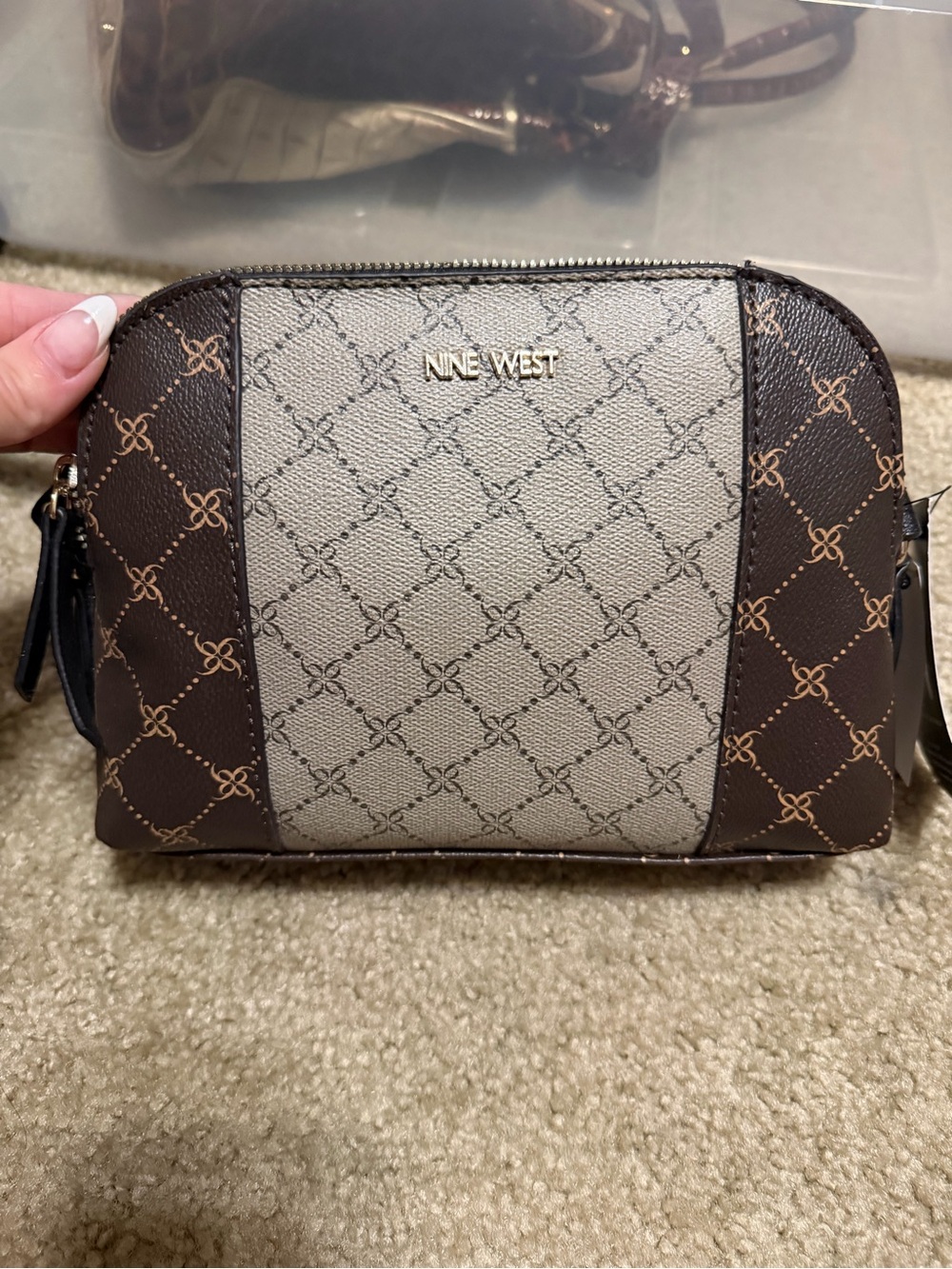 Nine West Brown & Taupe Logo-Print Dome Crossbody